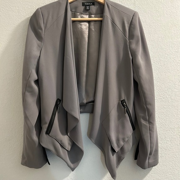 UK2LA Gray Open Front Blazer Jacket Pockets Zipper Detail Career Casual - Picture 1 of 5